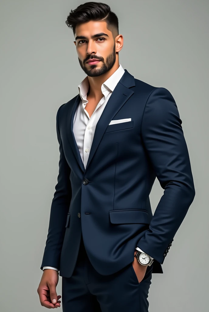 Create an front image of a 1 boy that has black straight short hair, brown eyes, handsome small beard, broad shoulders, sexy biceps, six packs, cute butt, long strong legs, beautiful fingers and toes, beige skin tone, 6'2 tall. Overall very handsome, smart, healthy and sexy. He's wearing a navy blue suit and a silver watch.