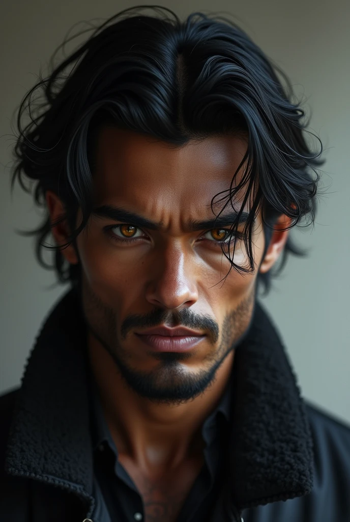 Beautiful man, dark skin and black hair with hazel eyes with scars