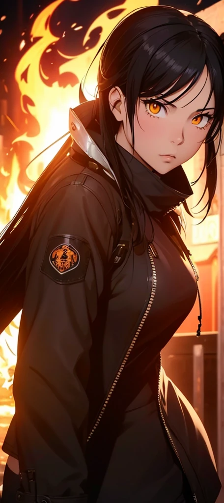 Tamaki Kotatsu from Fire Force, a beautiful girl (model-like appearance) aged -19. She has a slender figure with long legs and a graceful cat-like demeanor. She is dressed in a micro bikini and a black leather jacket. The artwork should capture her in a sensual pose. (best quality, 4k, 8k, highres, masterpiece:1.2), ultra-detailed, (realistic, photorealistic, photo-realistic:1.37), HDR, vivid colors, professional, bokeh, studio lighting Medium: Illustration Additional details: The backdrop depicts a fiery scene with smoke and flames adding intensity to the environment. The overall composition should exude a sense of power and confidence, highlighting Tamaki's beauty and strength. The artwork should emphasize the intricate details of her eyes and lips, showcasing their mesmerizing beauty. The lighting should accentuate her figure, casting soft shadows that enhance her curves and add depth to the overall image. The color palette should reflect the vibrant and fiery nature of the Fire Force series, incorporating shades of red, orange, and yellow. The art style should capture the essence of anime, combining bold linework with dynamic and sexy poses.