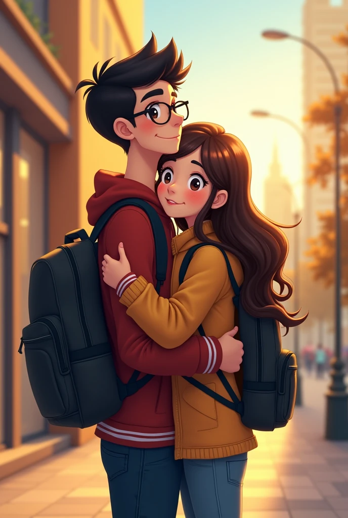 Make a 20 year old girl, low, brown hair and black waterproof backpack, hugging a tall boy outside a city hotel, Tez blanca, black hair and glasses with a backpack, in 2d animation