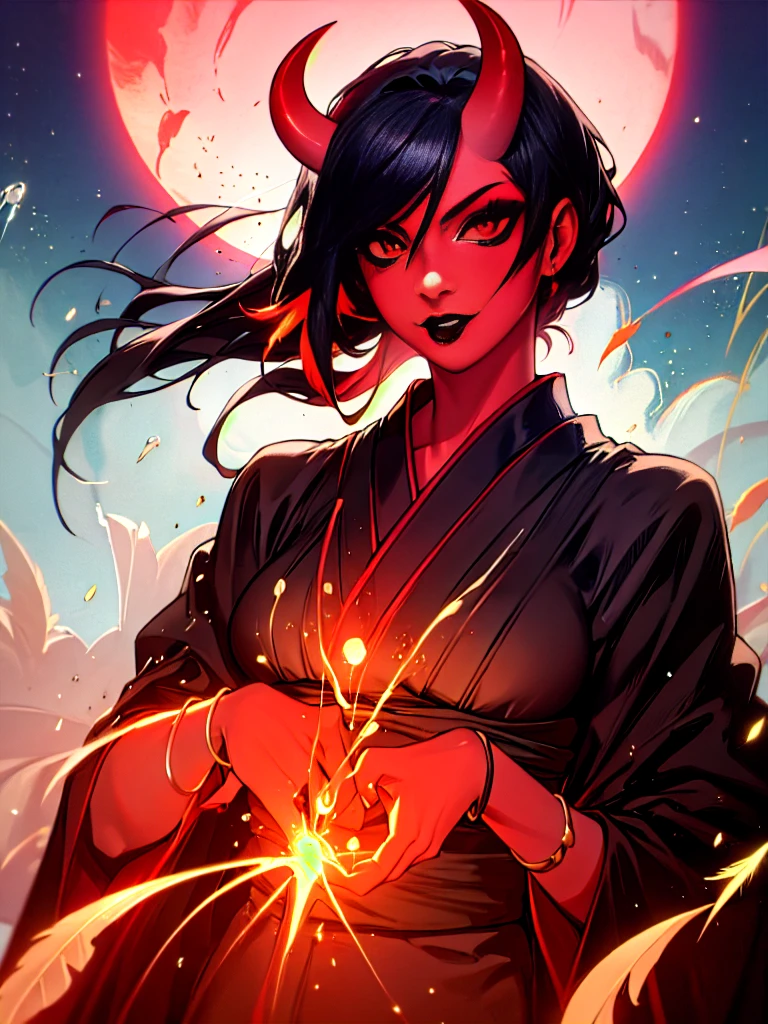 (colorful:1.3),(masterpiece:1.2), best quality, original, extremely detailed wallpaper, looking at viewer, (1girl, red skin, dark red skin, crimson skin, red eyes, black hair,long black hair, long straight black horns, demon horns, make-up, mascara, black lipstick, red eyes), (natural breasts, medium breasts, fully clothed, black long robe, black kimono), highly detailed, extremely detailed, red eyes, electric, red moon, Rays of Shimmering Light, Cinematic Lighting, Matte, Stone, Milky Quartz, Opalite, Jewelry, Silk, Feathers, Water splash, Fog, Electric, Electricity, sparks, lensflare, rim lighting, backlighting, Bracelet, Chromatic Aberration, RTX, Post Processing