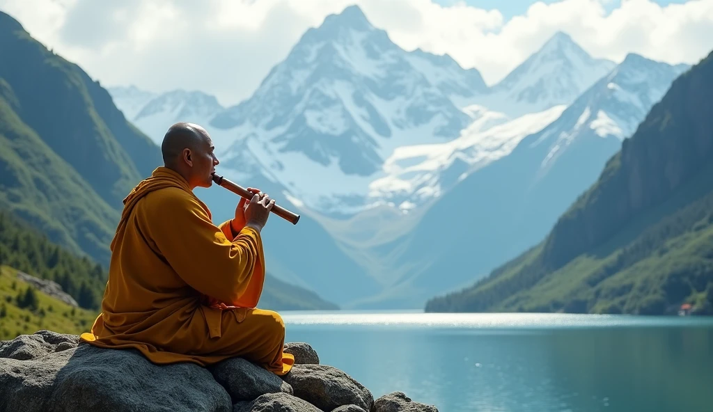 Tibetan monk sits on a mountain and looks into the distance. Play the flute