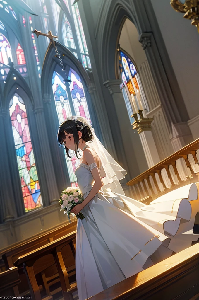 Generate an image of a bride at the altar inside a church, wearing a beautiful wedding gown, with tears in her eyes. Her hand is on the ring on her finger, as she wipes away a tear. The background is a grand cathedral with high ceilings, bright light streaming in through the stained glass windows.