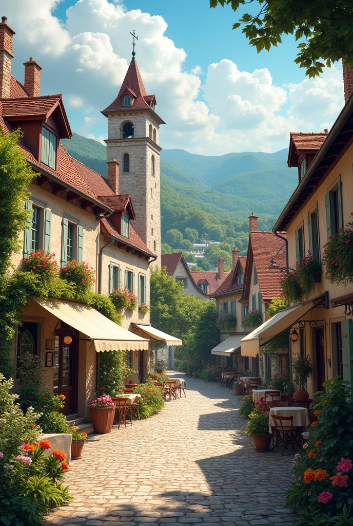 In a beautiful French town village, cobblestone streets wind through a charming landscape of medieval architecture. Quaint stone houses with flower-filled window boxes line the streets, while a central square features a lively market with fresh produce and local crafts. A historic church with a gracefully aging bell tower presides over the scene, and nearby, a cozy café invites visitors to savor pastries and coffee. The village is embraced by rolling hills and lush gardens, creating an inviting and picturesque atmosphere that captures the essence of tranquil French village life.