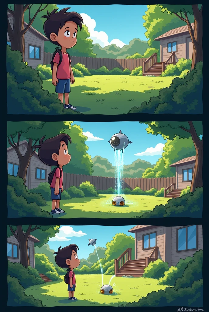 "Alien Encounter"
Panel 1: "A strange object is found by the young person in the backyard."

picture：A young man finds a strange object in his garden。
Panel 2: "The object is picked up and examined."

picture：A young man picks up the object and examines it.。
Panel 3: "The object suddenly starts glowing and hovering."

picture：The object suddenly begins to glow、Floating in the air。
Panel 4: "The object is revealed to be a tiny alien spacecraft, and the young person is invited for a ride."

picture：The object is actually a small spaceship.、There&#39;s an alien on board、Young people are invited。The young people are surprised but also enjoying themselves.。

Taking the above into consideration、４コマ漫画のpictureを作成してください。Not a photo、I like the anime style。Because I&#39;m picking up objects、Of course it&#39;s small。Please understand the above text thoroughly