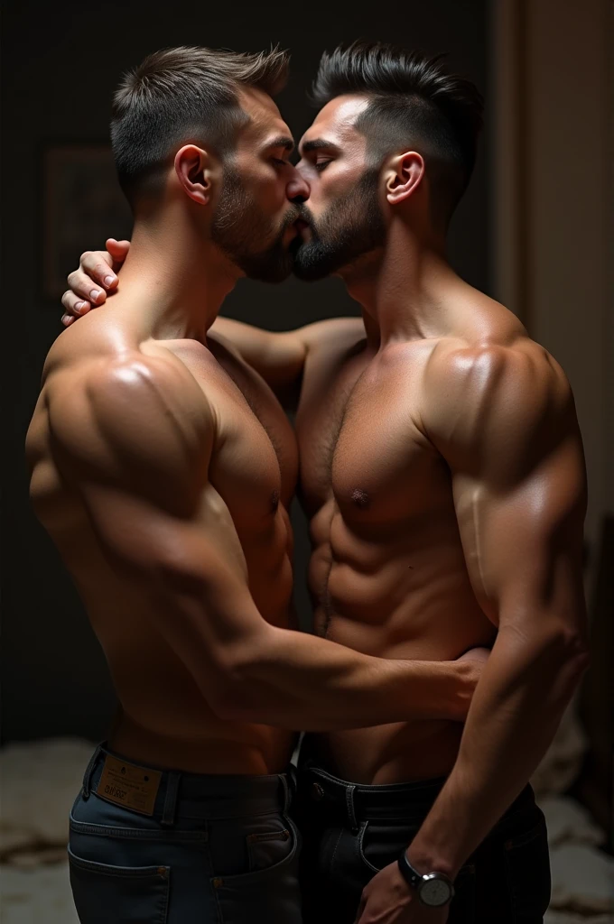 A muscular man kissing another 