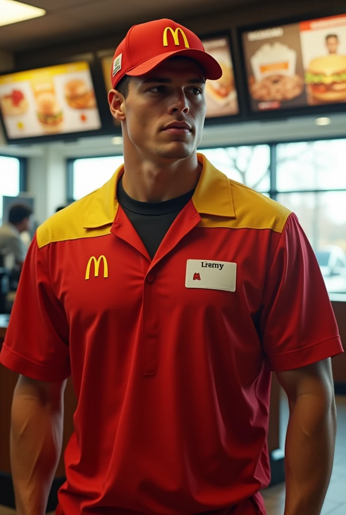 Christian mccaferry in a McDonalds employee uniform 
