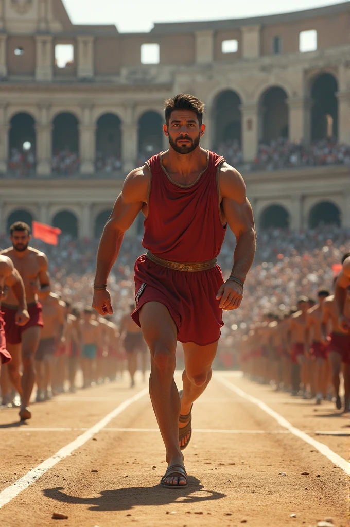 Athlete from the Roman Coliseum competing in a 100-meter race with a realistic front line with details and a crowd in the background