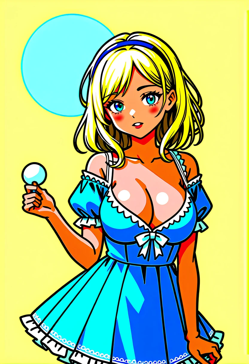 a beautiful 20 year old blonde Kate Upton with big messy hair in a blue dress, white stockings, black headband, cleavage, holding a glowing mushroom, fantasy art style,  cartoon vibrant, cute detailed digital art, colorful digital fantasy art, digital fantasy art ), glossy digital painting, pastel vibrant,