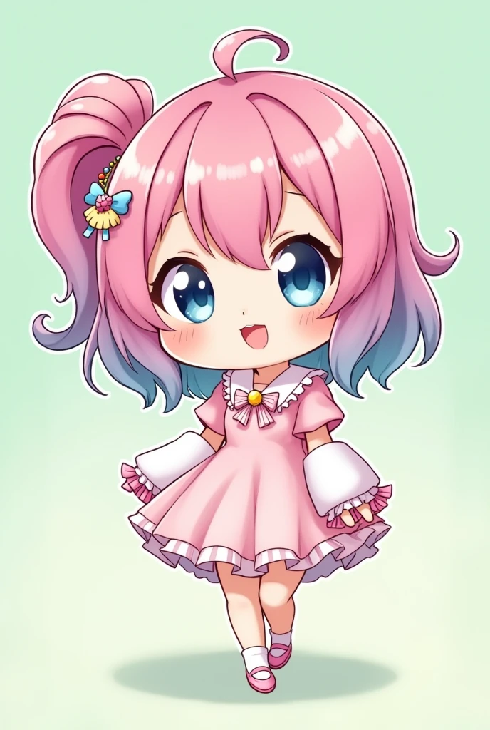 Create a digital chibi drawing of an anime girl with a clearly hand-drawn, digital style. She should have an extremely cute appearance with a large, round face, big, sparkling eyes, and a tiny, cheerful smile. Her hair should be styled in a fun, exaggerated way with bright colors like pastel pink or sky blue, featuring hand-drawn shading and highlights for a lively effect. Dress her in a charming outfit, such as a frilly dress or a playful jumpsuit, with minimal, colorful accessories like a small bow or a charm bracelet.The background should be a simple, aesthetically pleasing color, such as a soft mint green or a gentle lavender, with a subtle texture or gradient to add depth. Ensure the artwork has a crisp, hand-drawn digital finish with clean lines and vibrant colors, making it clear that the piece is a handmade digital creation and not AI-generated.