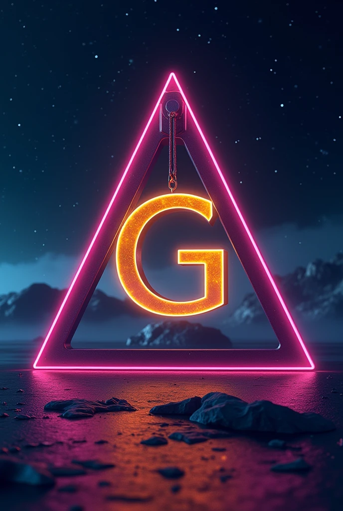 Create a full color with modern neon colors of the smooth square of Masonry and a pointed compass on it and in the center of both tools, the capital letter G resplendent in gold. All of the above with a sidereal background of galaxies and stars.