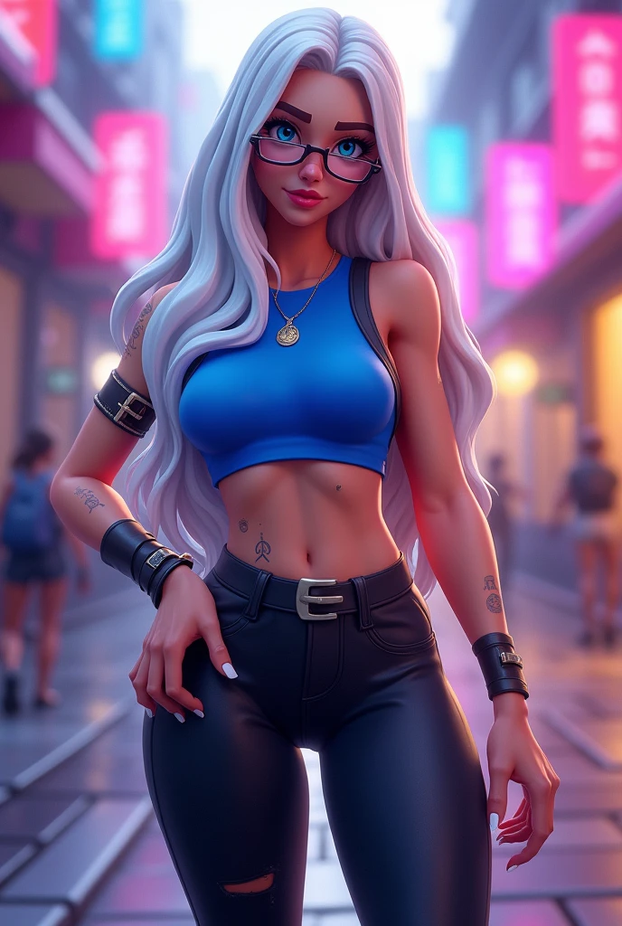 fortnite style girl, long white hair, Broad Hips, blue colored eyes, wearing glasses, Allstar Sneakers, sexy cobalt blue top solid black leggings full body