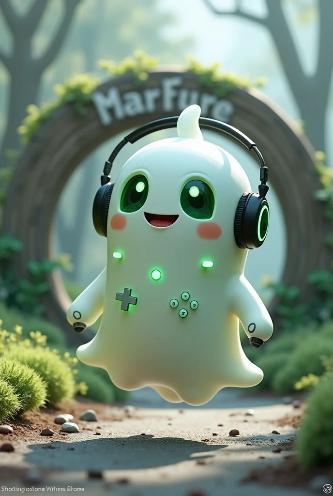 Create a Ghost-Looking Robot Pet. With slightly rounded shapes and well-defined limbs. His facial expression has large, green eyes with a glow, conveying a friendly and cheerful expression. He has a small open mouth with a happy smile and flushed cheeks.. Its body is white with small green details and a smooth, slightly shiny texture.. He has a headset on his head with an adjustable microphone positioned close to his mouth.. And on his chest you can see the shape of a Playstation 5 controller backlit in fluorescent green.. It floats in the air, as if he were ready for an adventure. Behind the character you can see a portal and on it is written "Soul Gamer".