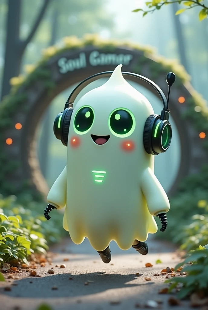 Create a Ghost-Looking Robot Pet. With slightly rounded shapes and well-defined limbs. His facial expression has large, green eyes with a glow, conveying a friendly and cheerful expression. He has a small open mouth with a happy smile and flushed cheeks.. Its body is white with small green details and a smooth, slightly shiny texture.. He has a headset on his head with an adjustable microphone positioned close to his mouth.. And on his chest you can see the shape of a Playstation 5 controller backlit in fluorescent green.. It floats in the air, as if he were ready for an adventure. Behind the character you can see a portal and on it is written "Soul Gamer".