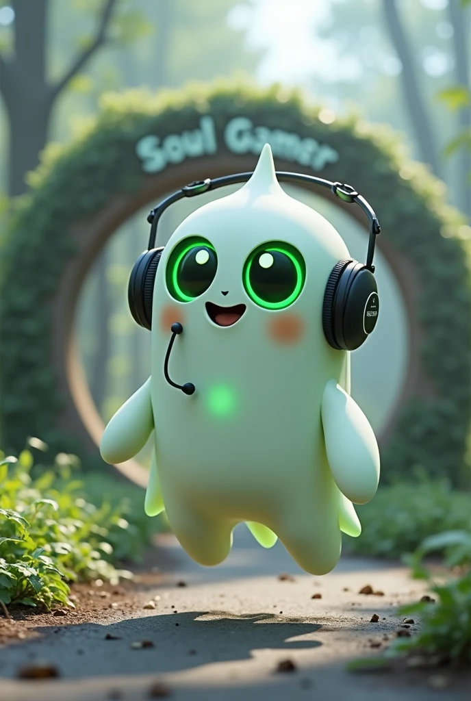Create a Ghost-Looking Robot Pet. With slightly rounded shapes and well-defined limbs. His facial expression has large, green eyes with a glow, conveying a friendly and cheerful expression. He has a small open mouth with a happy smile and flushed cheeks.. Its body is white with small green details and a smooth, slightly shiny texture.. He has a headset on his head with an adjustable microphone positioned close to his mouth.. And on his chest you can see the shape of a Playstation 5 controller backlit in fluorescent green.. It floats in the air, as if he were ready for an adventure. Behind the character you can see a portal and on it is written "Soul Gamer".
