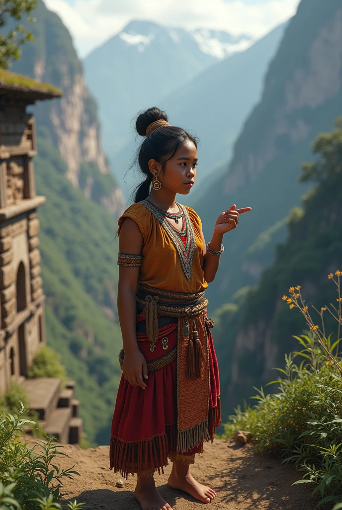 Create an image of the Chachapoyas culture where there is a girl explaining where they live high in the mountains