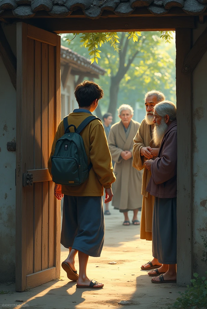 A boy aged 20 oping village home door and he see their his aged friends