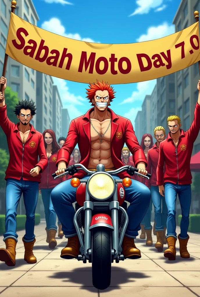 Anime one piece shanks riding a mini moped , Shanks took 100 people on a motorbike , they all wear red GPH brand jackets , all wearing long jeans, and wear motorcycle boots, all members are excited , in front holding a banner that says Sabah Moto Day 7.0