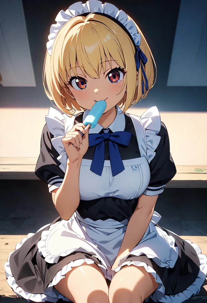 (Highest quality:1.2, 4K, 8k, Studio Anime, Very detailed, up to date, Vibrant, Attention to detail, High Contrast, masterpiece:1.2, Highest quality, Best aesthetics), (((1 person))), Sitting, maid, maid服, Blue Ribbon, Frills, Lick:1.2, smile, Popsicles, 舌を出してLick, Cute people, Get closer, Friendly atmosphere, Fun and youthful々Shii々Cool vibe, Accuracy and concentration, Striking contrast,  (Perfect hands, Perfect Anatomy), I'm smiling at you、Blonde、Nishikigi Sensoku、