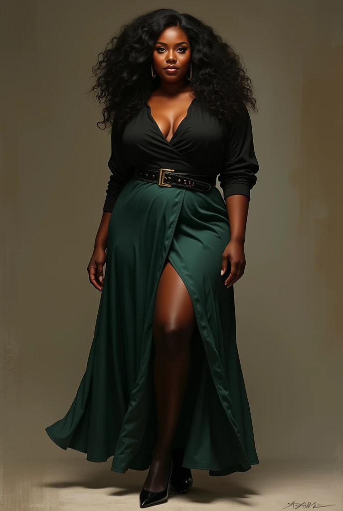 Make a picture of a black woman , long curly black hair, dark shaped eyes, chubby,wearing long dark green skirt with black belt and gold buckle ,Black high neck blouse ,black tights , high heel shoe