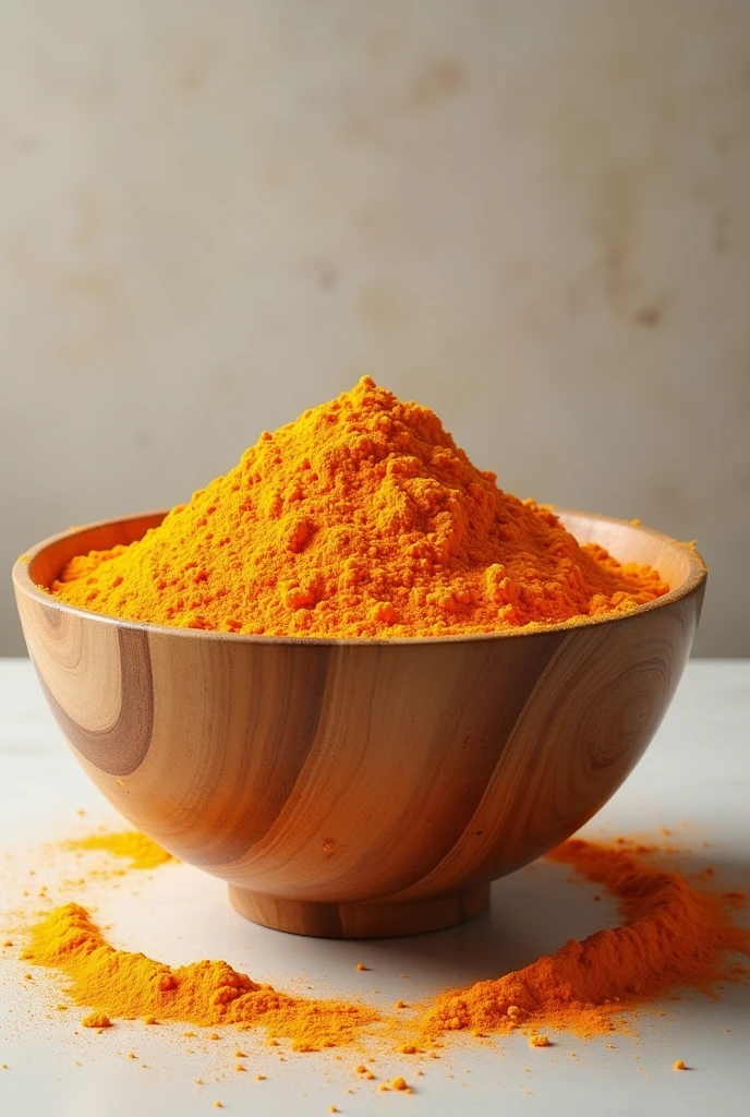 Make an image of a very very long and tall wooden bowl with flour made from carrots