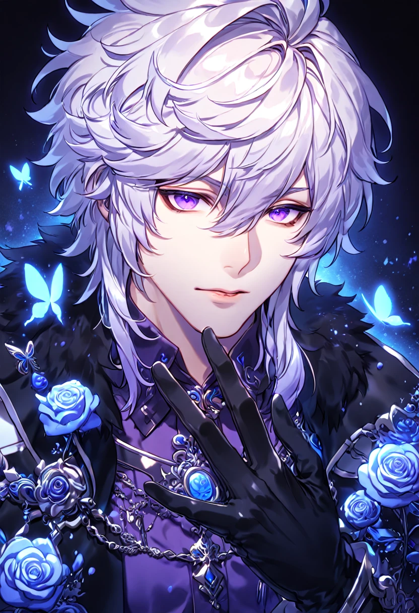 absurdres, highres, ultra detailed, HDR, master piece, best quality, extremely detailed, detailed face, Add, white hair, expressive purple eyes, Elsword, solo, sexy man, handsome, manly man, black coat with high fur collar, purple shirt, black veast, black gloves, magical, fantasy, under a blue tree, blue flames, blue moon, blue fireflies, blue roses, blue butterflies, glass magic