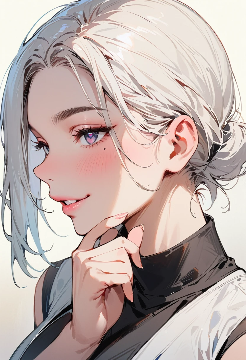 (masterpiece, best quality:1.4), 1 girl, 独奏, Heart-shaped pupils, Blurred eyes, Close your left eye, Smile, Profile,45° head tilt, Hold your chin with your right hand, Right tear mole, (Black long and short asymmetrical hairstyle:1.2),  large breasts, Mini Girls, Vest, Black and white gradient background.