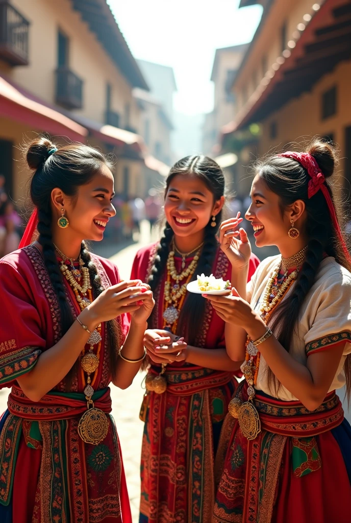 Create three young ladies dressed as ñusta with the traditional clothing of Peru. The image that reflects them on the street playing, eating and having fun with the Inca culture should highlight their happiness and how happy we are.