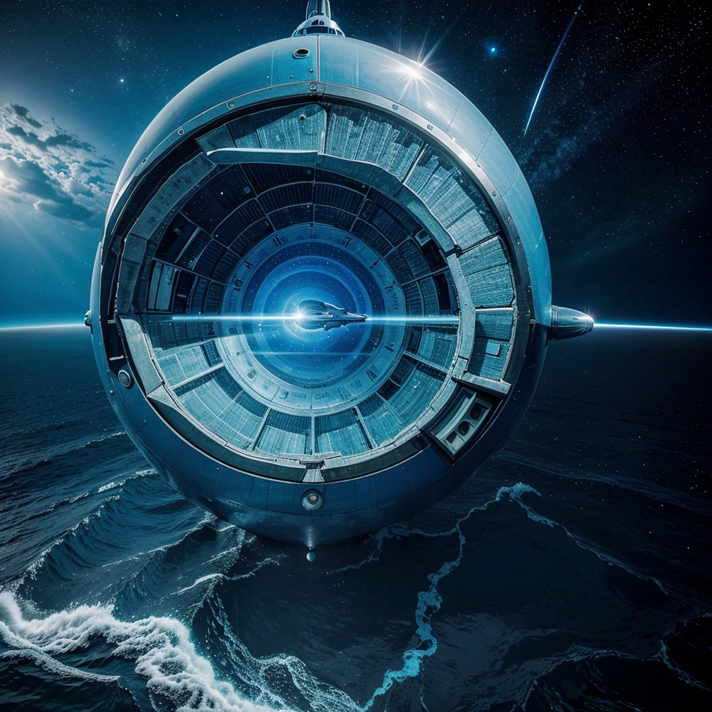 an ocean-blue spaceship that's bigger on the inside than the outside in outer space