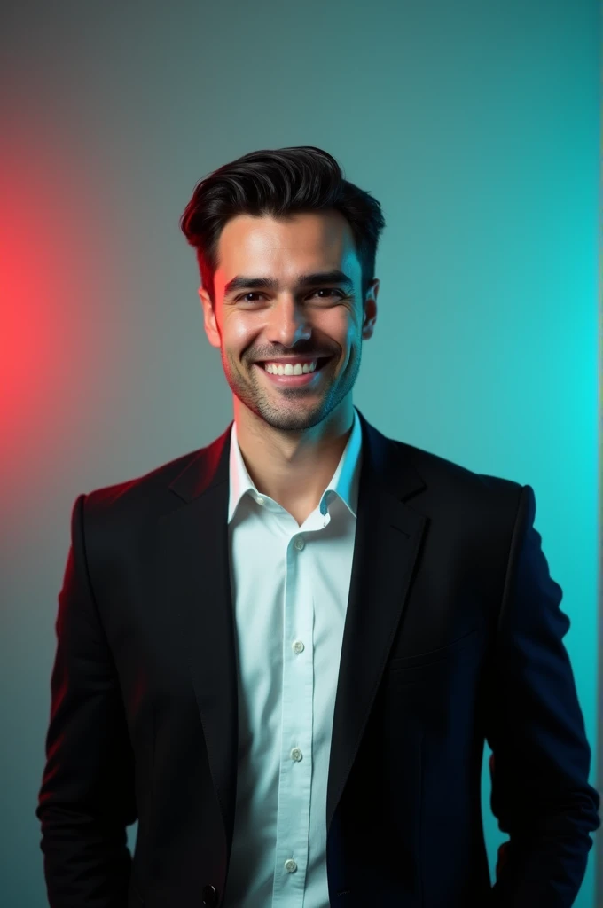A young man with dark hair and a confident smile. He is dressed in a black blazer over a white shirt.The man is positioned Against Aqua colour backdrop with a subtle red lighting on the left side. And he posting for LinkedIn profile