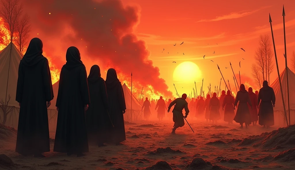 Sun set, blood sky, burning tents, burning date trees, 5 women which wear Proper black hijab who stand near the tents, a bloody ground, javelin, sword, Arrow everywhere on ground, Arrows from sky, fire woods, a army which wear read hijabs and going towards burning tents, a men which wear Proper green hijab and battle dress which falling on ground and a javelin in his chest