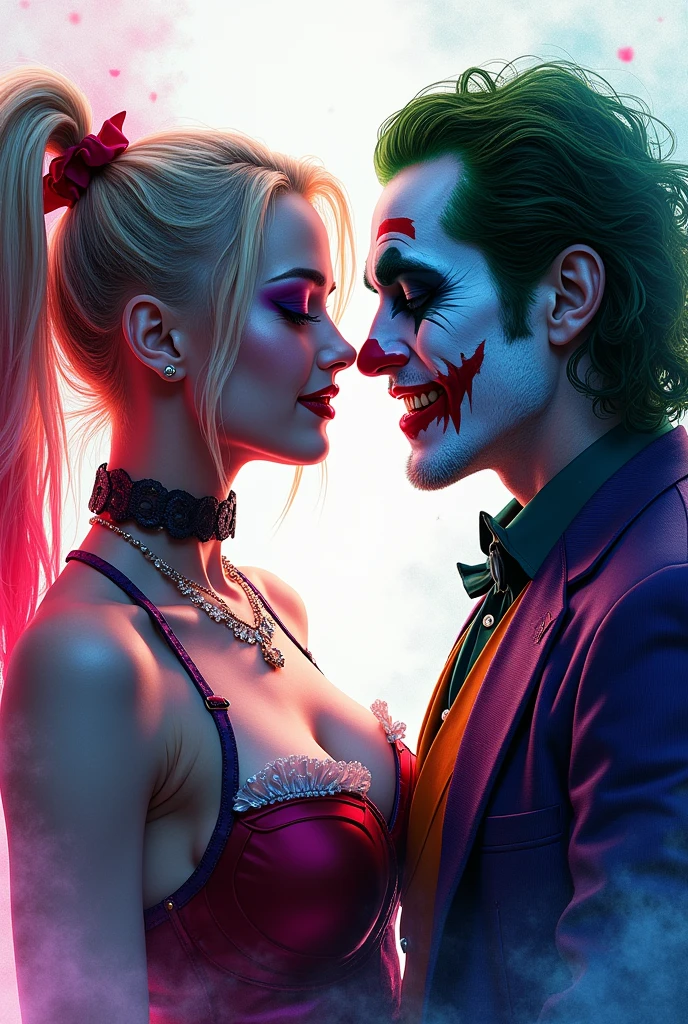 Harley Quinn sexy pose face to face with Joker  , neon watercolor 4k