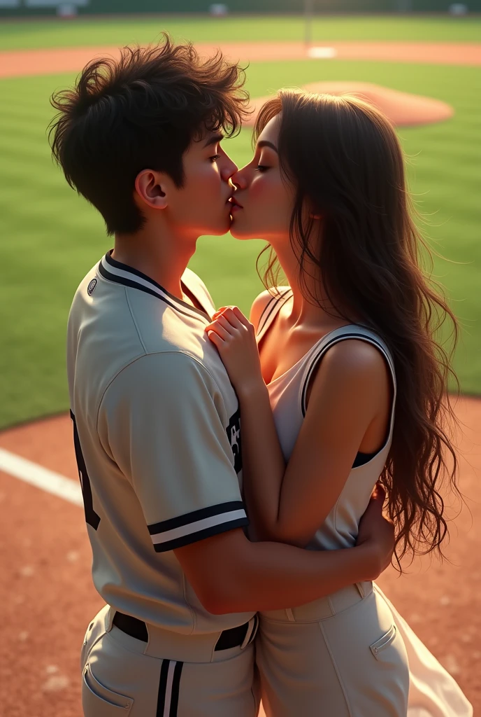 Girl with long hair down to her waist , kissing the baseball team captain.