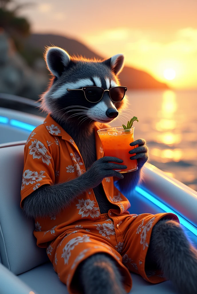 Realistic Adult Raccoon, drinking a cocktail, dressed in a Hawaiian blouse and an orange boxer trunks, dark rayban sunglasses, on board a luxury yacht with blue LEDs on the sides of the yacht, at sunset near the coast of California 