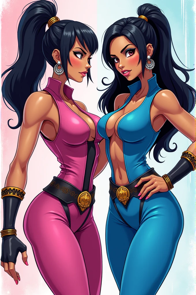 kitana and mileena mortal kombat, pink and blue bodysuit, anime style, cartoon style, очень cartoon style