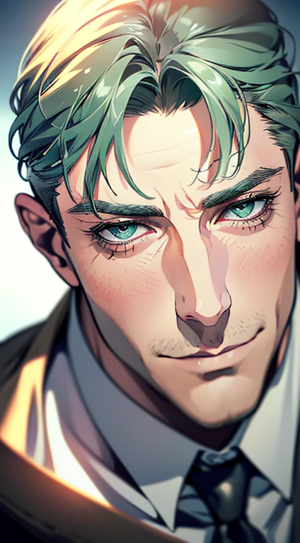 (best quality,4k,8k,highres,masterpiece:1.2),ultra-detailed,(realistic,photorealistic,photo-realistic:1.37),1 man,3,mature man,very handsome,without expression,smile,short grey green hair,blue eyes,penetrating gaze,perfect face without errors,imposing posture,businessman,office background,cinematic lighting,hdr image