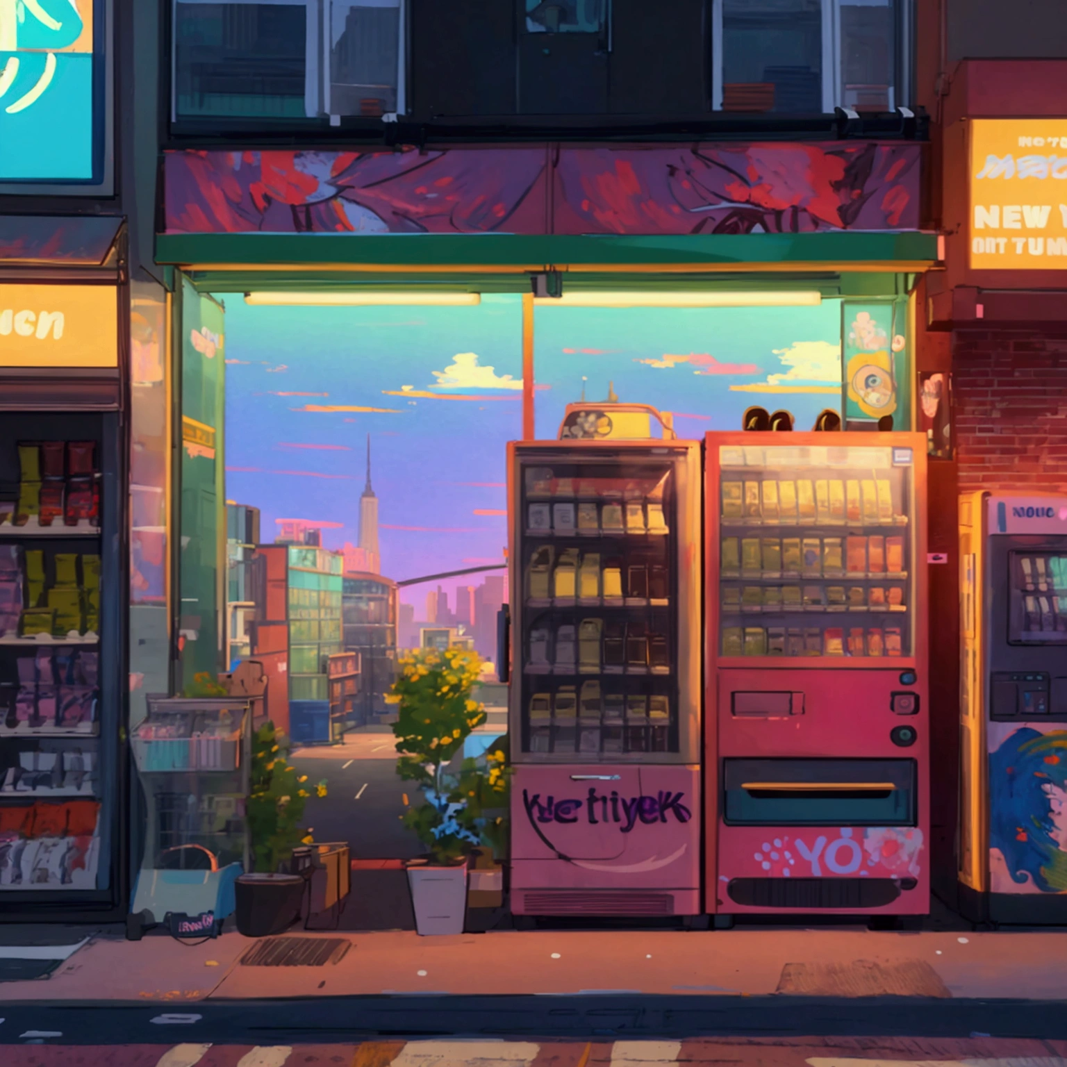 ((modern New York City convenience store with a big vending machine outside: 1.3)) , ((camera facing the front of the store:1.2)), ((next to a tall Hospital: 1.2)), detailed anime artwork, urban, tokyo anime scene, ((bright blue sky: 1.0)), extra detailed, very detailed, English shop banners, traffic signals, Vehicles, anime style, anime, lofi, lofi vibe, ((best quality:1.5)), ((masterpiece:1.5)), ((highly detailed:1.3)), ((anime aesthetic:1.2)), ((no one: 1.2)), ((no people: 1.2))