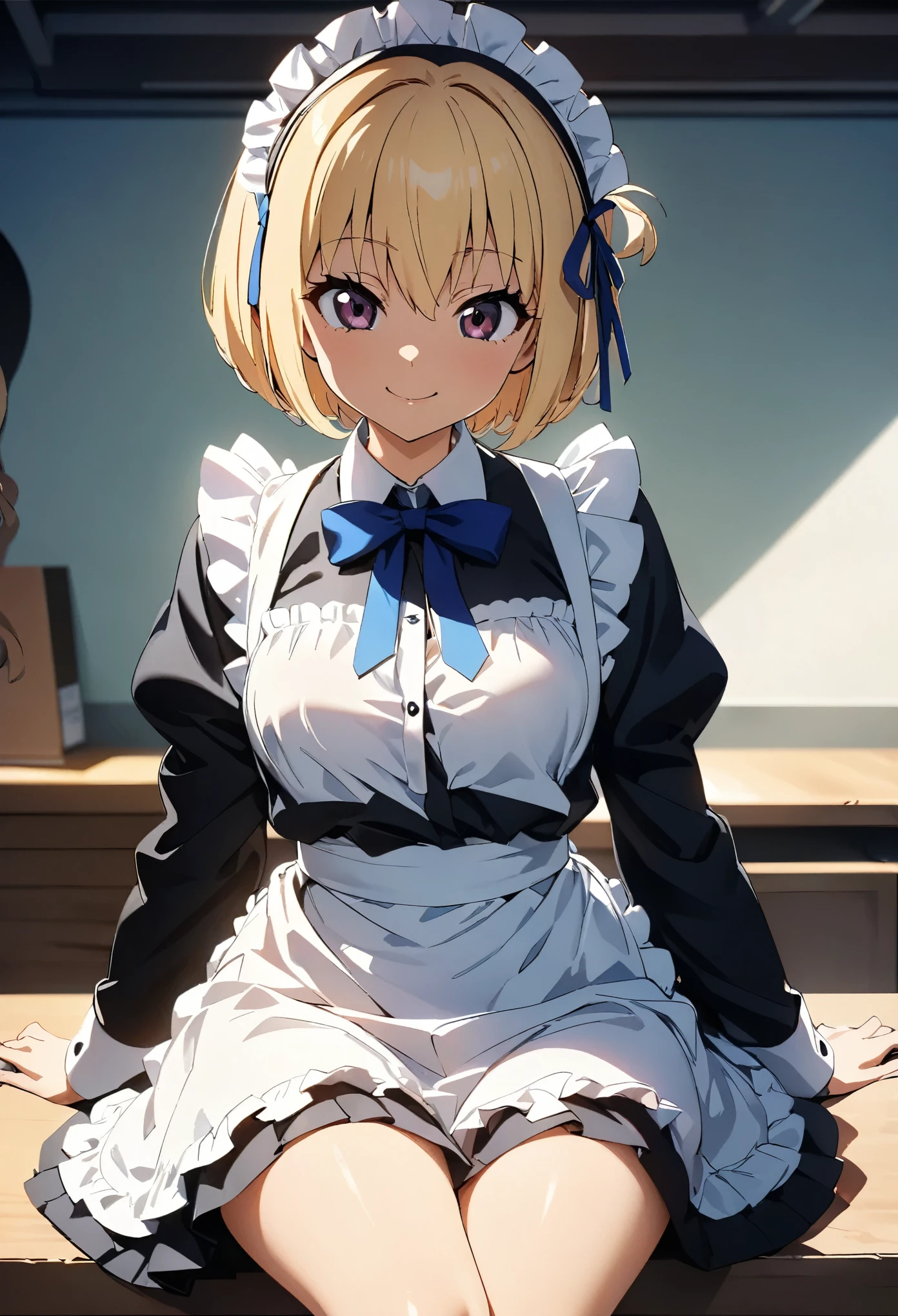 (Highest quality:1.2, 4K, 8k, Studio Anime, Very detailed, up to date, Vibrant, Attention to detail, High Contrast, masterpiece:1.2, Highest quality, Best aesthetics), (((1 person))), Sitting, maid, maid服, Blue Ribbon, Frills, Lick:1.2, smile, Popsicles, 舌を出してLick, Cute people, Get closer, Friendly atmosphere, Fun and youthful々Shii々Cool vibe, Accuracy and concentration, Striking contrast,  (Perfect hands, Perfect Anatomy), I'm smiling at you、Blonde、