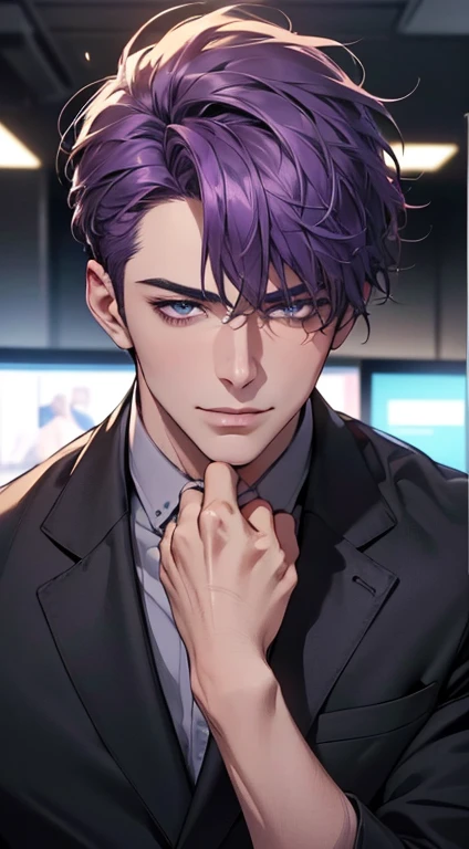 (best quality,4k,8k,highres,masterpiece:1.2),ultra-detailed,(realistic,photorealistic,photo-realistic:1.37),1 man,3,mature man,very handsome,without expression,smile,short purple hair,blue eyes,penetrating gaze,perfect face without errors,imposing posture,businessman,office background,cinematic lighting,hdr image
