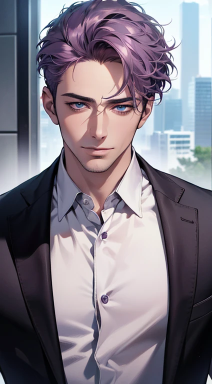 (best quality,4k,8k,highres,masterpiece:1.2),ultra-detailed,(realistic,photorealistic,photo-realistic:1.37),1 man,3,mature man,very handsome,without expression,smile,short purple hair,blue eyes,penetrating gaze,perfect face without errors,imposing posture,businessman,office background,cinematic lighting,hdr image