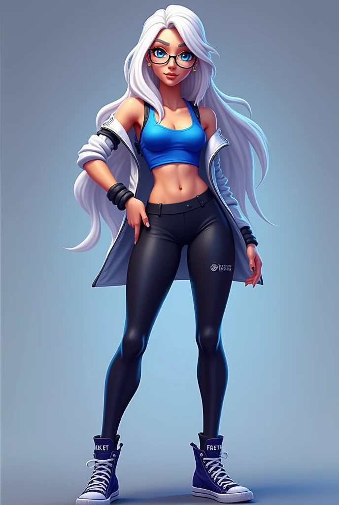 fortnite style girl, long white hair, Broad Hips, blue colored eyes, wearing glasses, Allstar Sneakers, sexy cobalt blue top black leggings full body