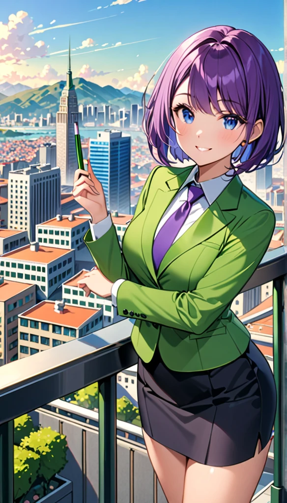 masterpiece, best quality, highres, 1girl, solo, green suit and tie, pencil skirt, miniskirt, bare legs, matching shoes, looking at viewer, city backdrop, perfect hands, perfect eyes, perfect legs, perfect arms, perfect fingers, medium breasts, standing, purple hair, short hair, bob hair, blue eyes, standing, smile, full body with costume, :d