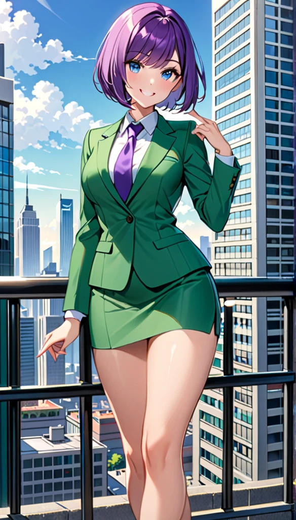 masterpiece, best quality, highres, 1girl, solo, green suit and tie, pencil skirt, miniskirt, bare legs, matching shoes, looking at viewer, city backdrop, perfect hands, perfect eyes, perfect legs, perfect arms, perfect fingers, medium breasts, standing, purple hair, short hair, bob hair, blue eyes, standing, smile, full body with costume, :d