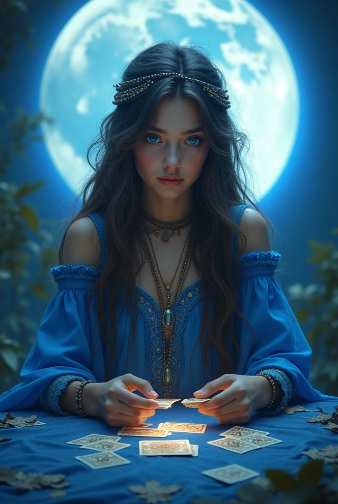 Create a young gypsy girl with long hair, striking blue eyes, blue outfit, playing cards with the moon in the background