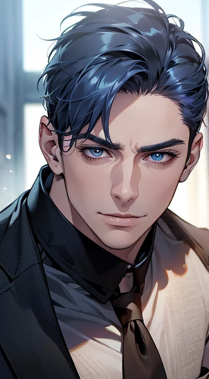 (best quality,4k,8k,highres,masterpiece:1.2),ultra-detailed,(realistic,photorealistic,photo-realistic:1.37),1 man,3,mature man,very handsome,without expression,smile,short blue hair,blue eyes,penetrating gaze,perfect face without errors,imposing posture,businessman,office background,cinematic lighting,hdr image