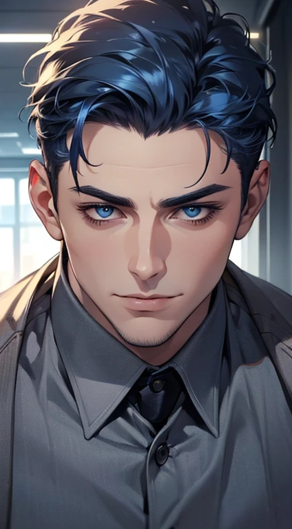 (best quality,4k,8k,highres,masterpiece:1.2),ultra-detailed,(realistic,photorealistic,photo-realistic:1.37),1 man,3,mature man,very handsome,without expression,smile,short blue hair,blue eyes,penetrating gaze,perfect face without errors,imposing posture,businessman,office background,cinematic lighting,hdr image