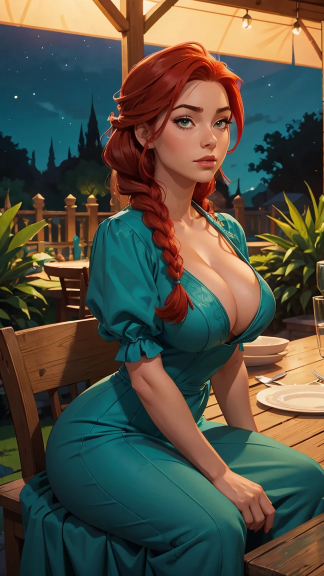 A girl in an elegant turquoise dress is sitting at a table. she has braids and red hair. busty. a garden at night. comic style. imagem HD. quadrinhos da marvel. front pose