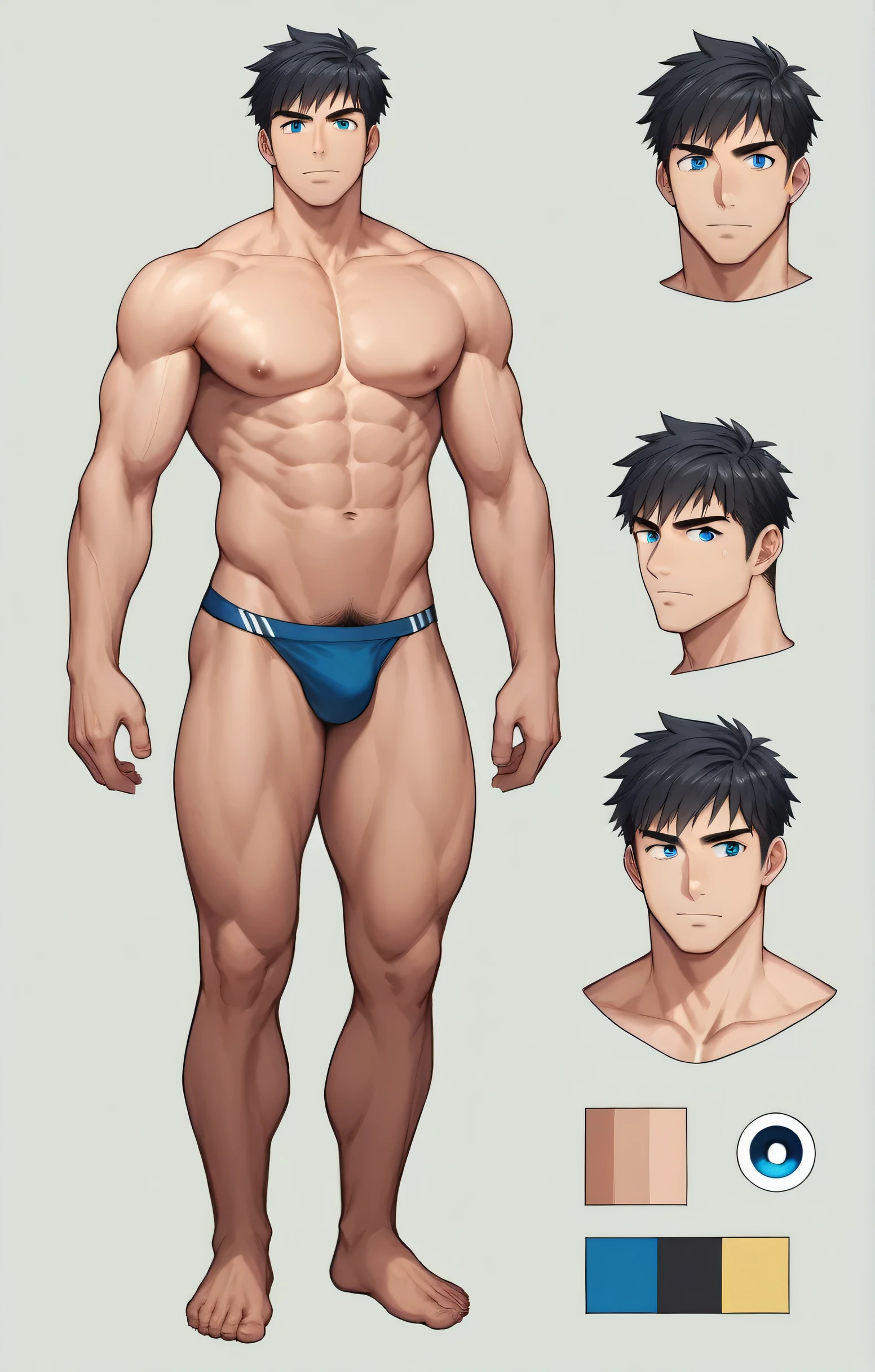 1boy, single, reference sheet, character design, front angle, side angle, left side angle, right side angle, dynamic poses, (masterpiece:1.2), (best quality:1.3), (reference sheet:1.5), adult anime male, huge man, very tall man, masculine body, muscle body, muscle tall male, athletic body, muscle builder, muscle, bulky body, giant, Bara, 6ft. male, (Blue eyes), (short hair), (short bangs), (black hair), (pale skin), (pale skin color), beard, naked, naked men, nude, nsfw, handsome, wide chest, string underwear, speedo, huge hips, wide hips, daddy, barefoot, not wearing pants, rugged, 40 years old, pubic hair