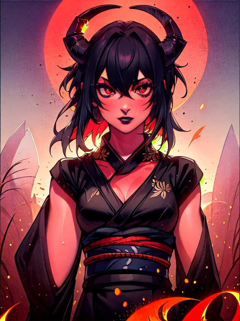 (colorful:1.3),(masterpiece:1.2), best quality, original, extremely detailed wallpaper, looking at viewer, (1girl, red skin, dark red skin, crimson skin, red eyes, black hair,long black hair, long straight black horns, demon horns, make-up, mascara, black lipstick, red eyes), (natural breasts, medium breasts, fully clothed, black long robe, black kimono), highly detailed, extremely detailed, red eyes, electric, red moon, Rays of Shimmering Light, Cinematic Lighting, Matte, Stone, Milky Quartz, Opalite, Jewelry, Silk, Feathers, Water splash, Fog, Electric, Electricity, sparks, lensflare, rim lighting, backlighting, Bracelet, Chromatic Aberration, RTX, Post Processing