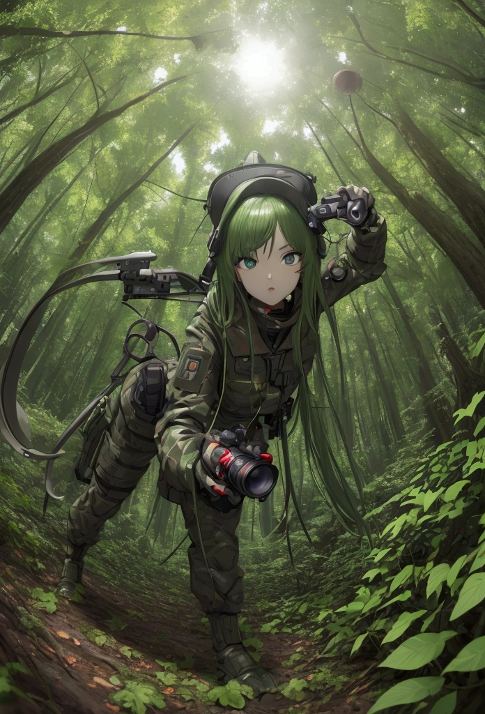 ((best qualityer, 8k, work of art :1.3)), a plastic army, plastic man, plastic war, muitos personagens Unripes, Unripe, anime model, small, in a forest, fish eye in the environment, raising the focus on them, camera from below, armed.